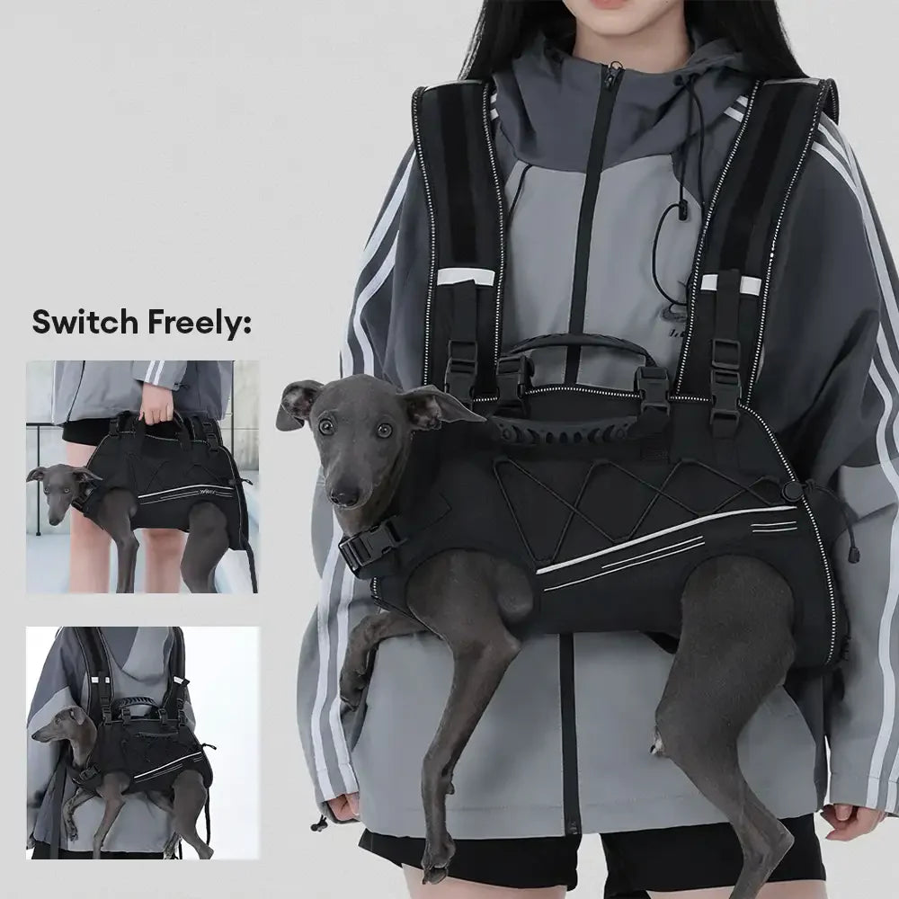 Rückenfreundlicher horizontaler Hundetragekorb mit verstellbaren gepolsterten Trägern - Beine-raus Komfort