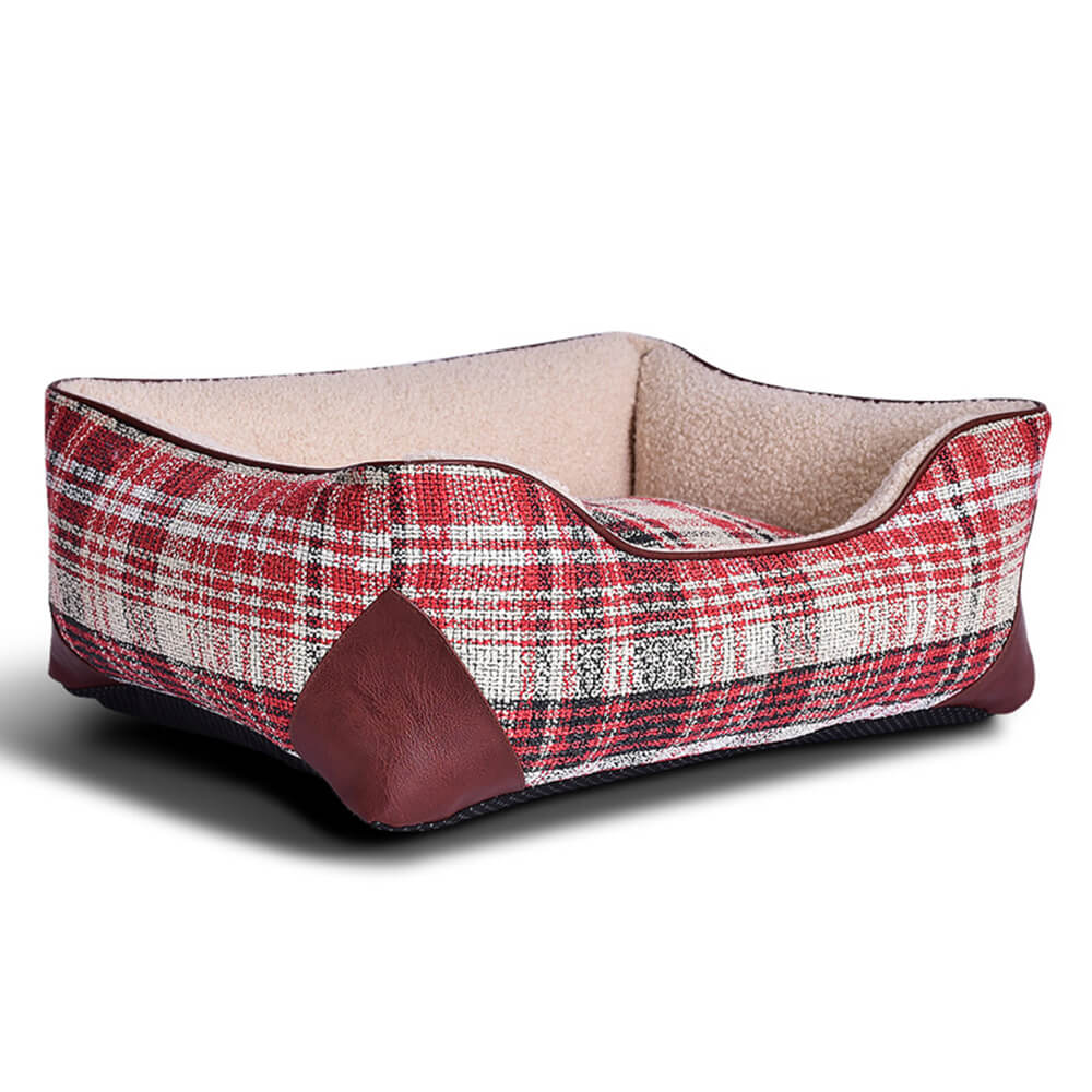 Quadratisches Hunde- und Katzenbett aus PU-Leder im Vintage-Stil mit Karomuster und Sherpa-Optik