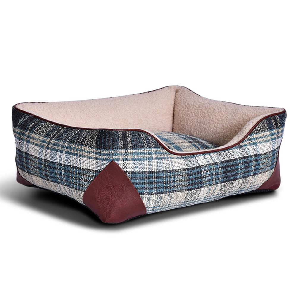 Quadratisches Hunde- und Katzenbett aus PU-Leder im Vintage-Stil mit Karomuster und Sherpa-Optik