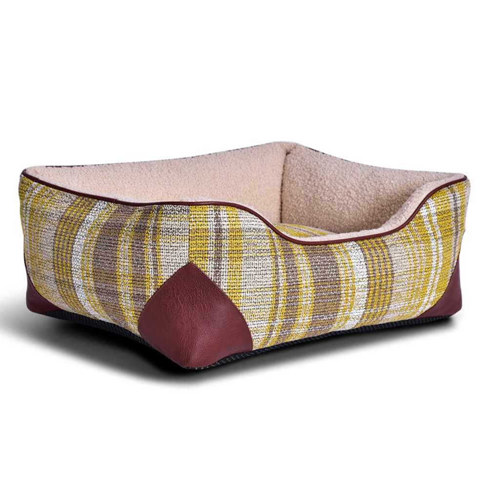 Quadratisches Hunde- und Katzenbett aus PU-Leder im Vintage-Stil mit Karomuster und Sherpa-Optik