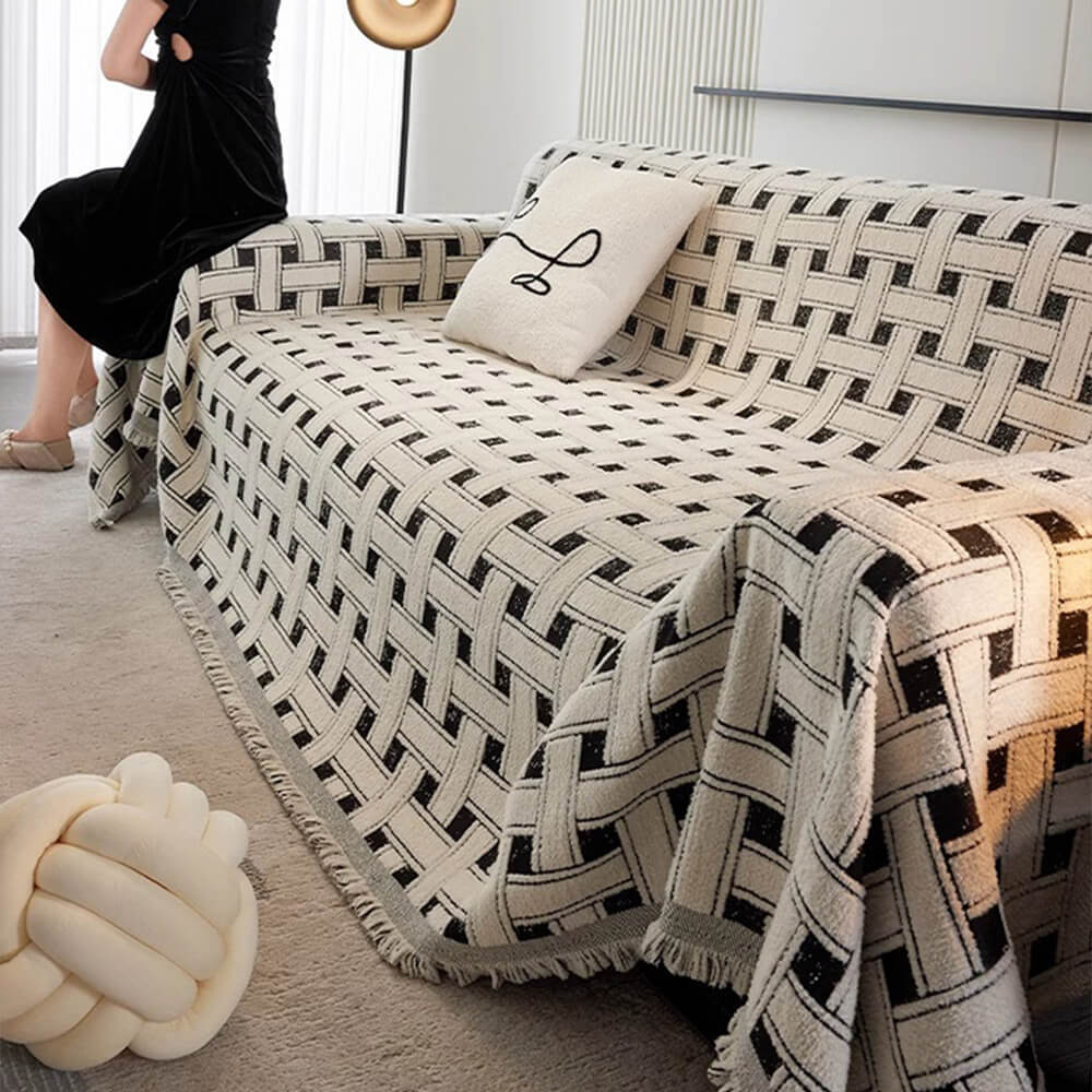 Stylische kariert Fransen Quaste Chenille Sofa Schützer Decke Couchbezug