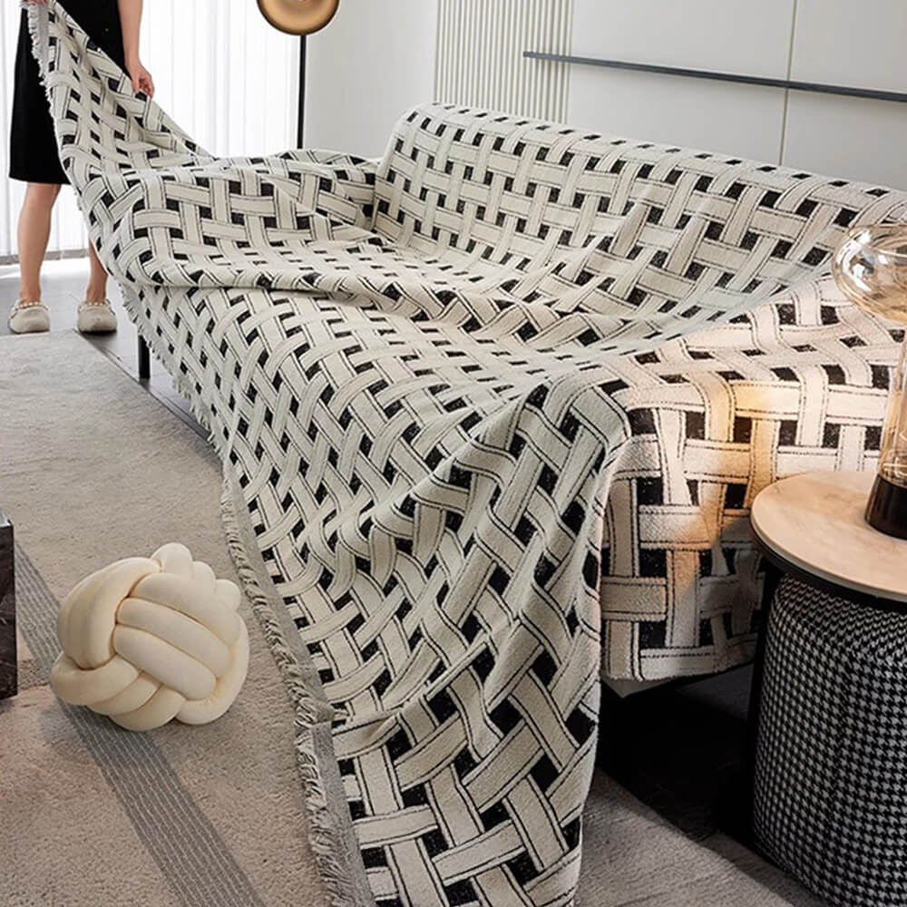 Stylische kariert Fransen Quaste Chenille Sofa Schützer Decke Couchbezug
