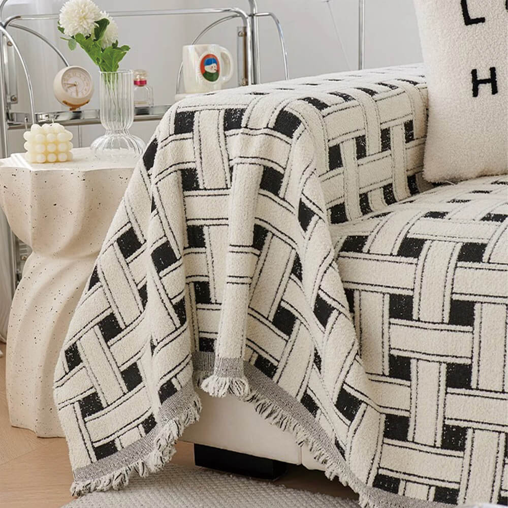 Stylische kariert Fransen Quaste Chenille Sofa Schützer Decke Couchbezug