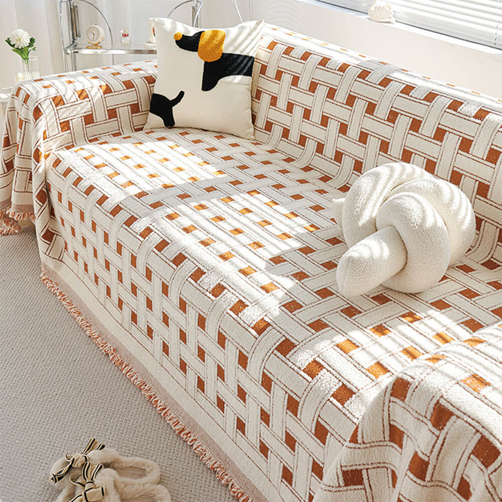 Stylische kariert Fransen Quaste Chenille Sofa Schützer Decke Couchbezug