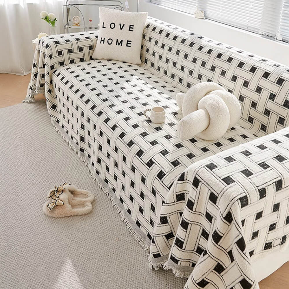 Stylische kariert Fransen Quaste Chenille Sofa Schützer Decke Couchbezug