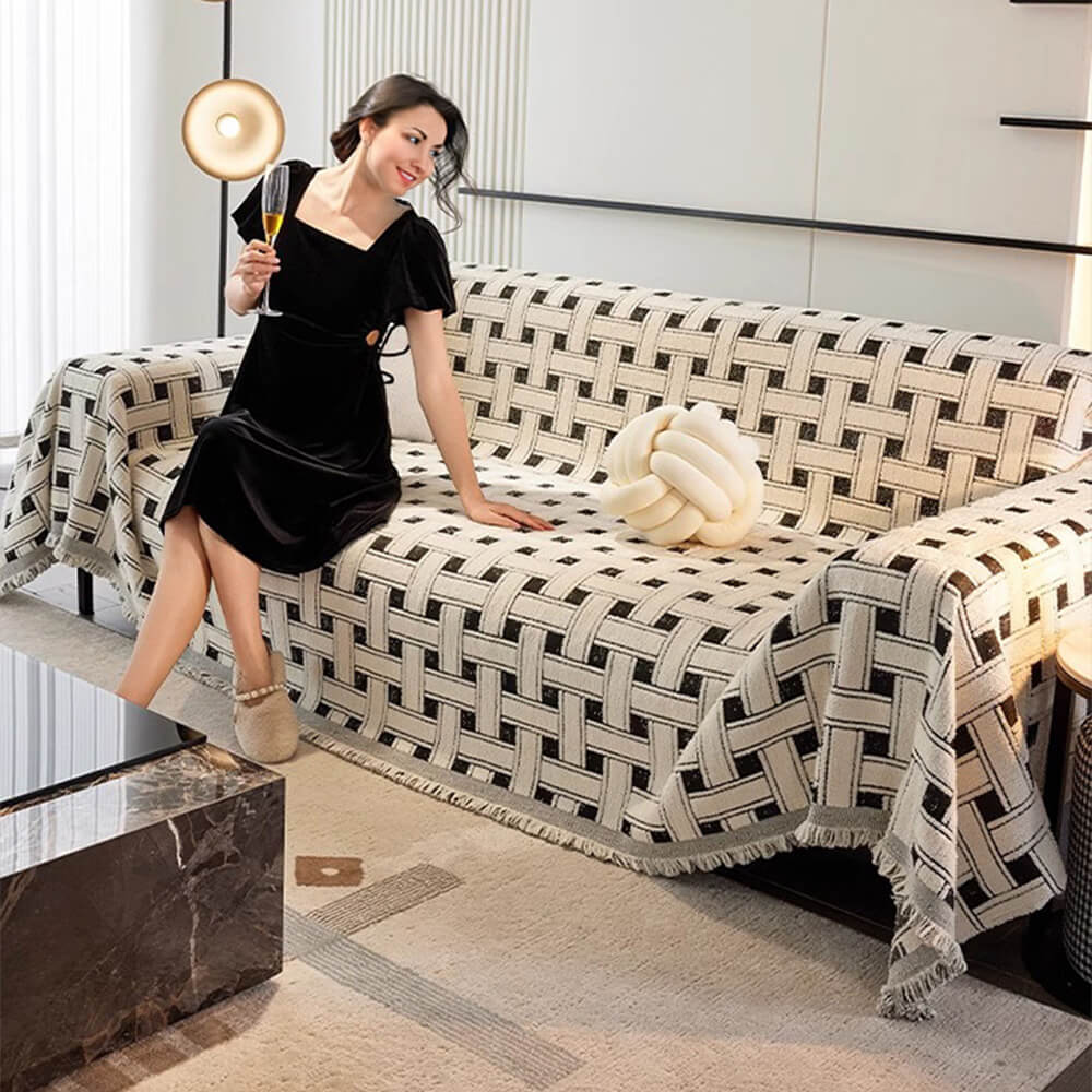 Stylische kariert Fransen Quaste Chenille Sofa Schützer Decke Couchbezug