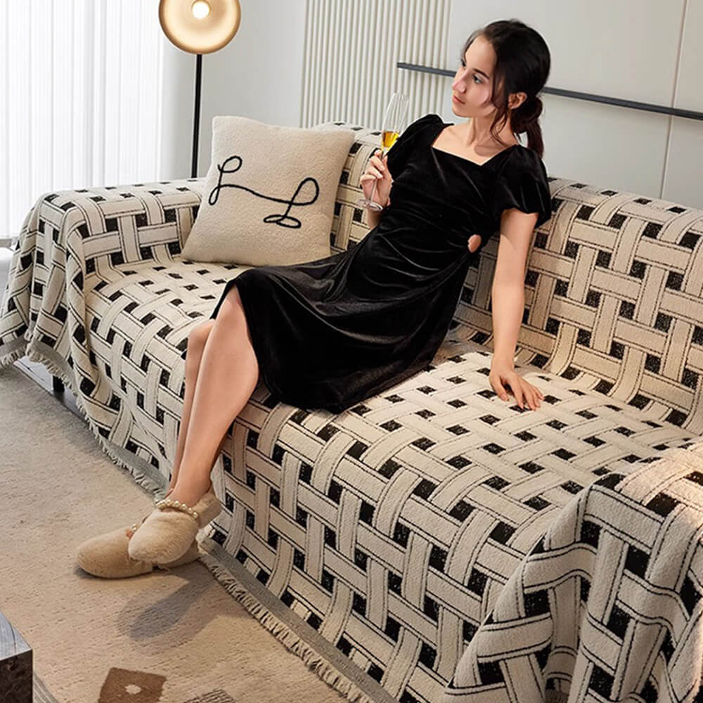 Stylische kariert Fransen Quaste Chenille Sofa Schützer Decke Couchbezug
