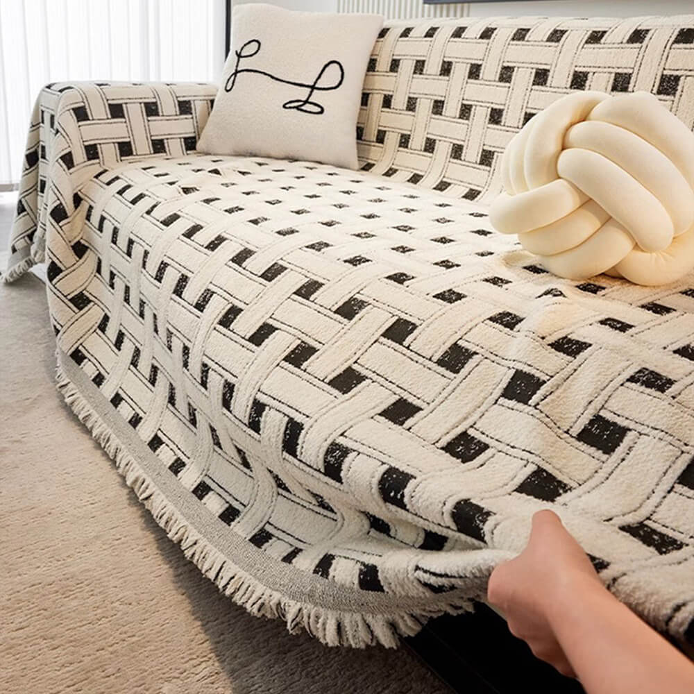 Stylische kariert Fransen Quaste Chenille Sofa Schützer Decke Couchbezug