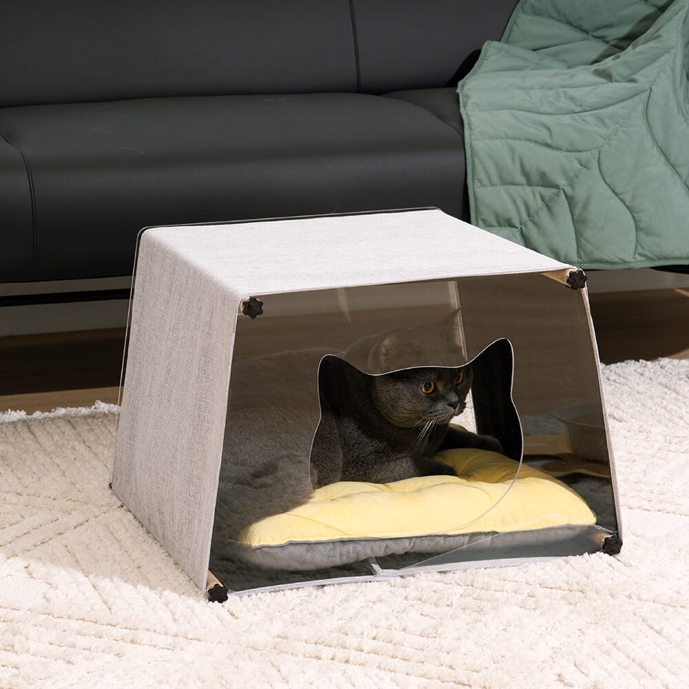 Einfaches Katzenhaus aus Acryl für den Innenbereich mit Massivholzstruktur