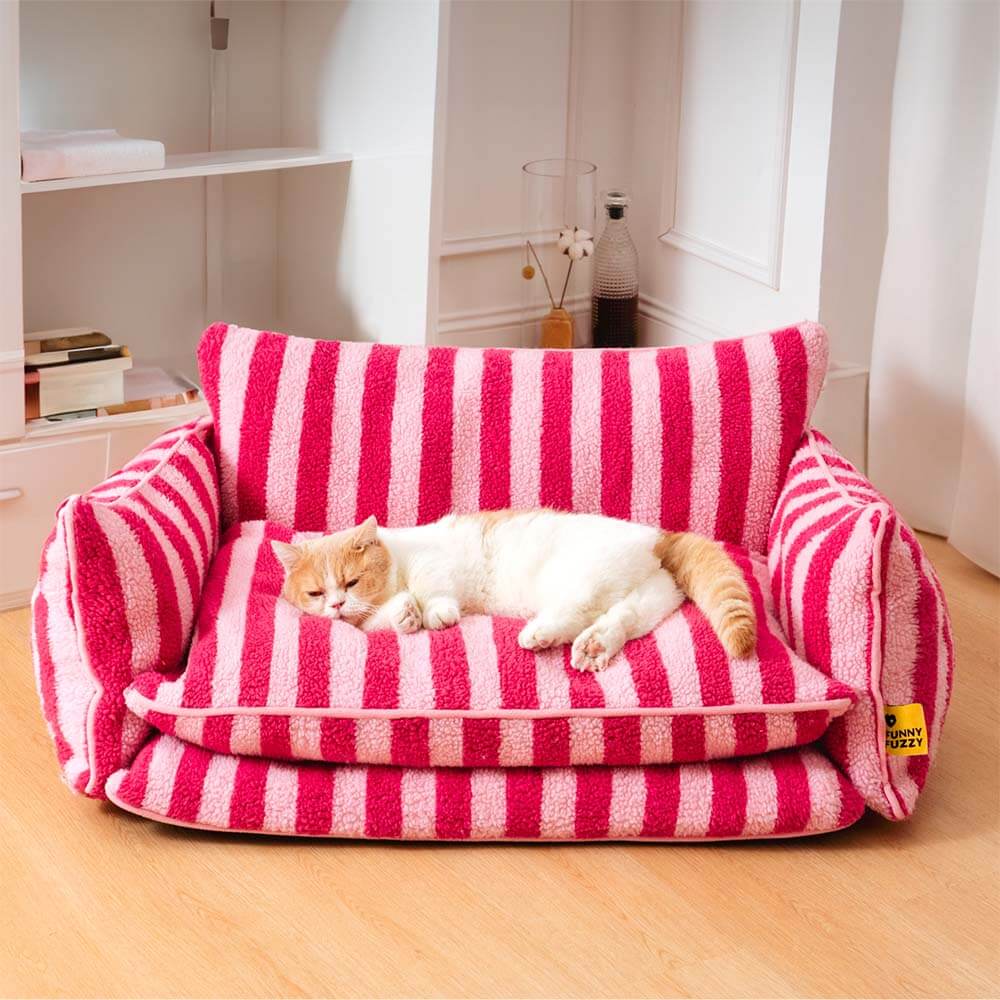 Trendy Gestreiftes Doppellagiges Katzensofa aus Lammwolleimitat