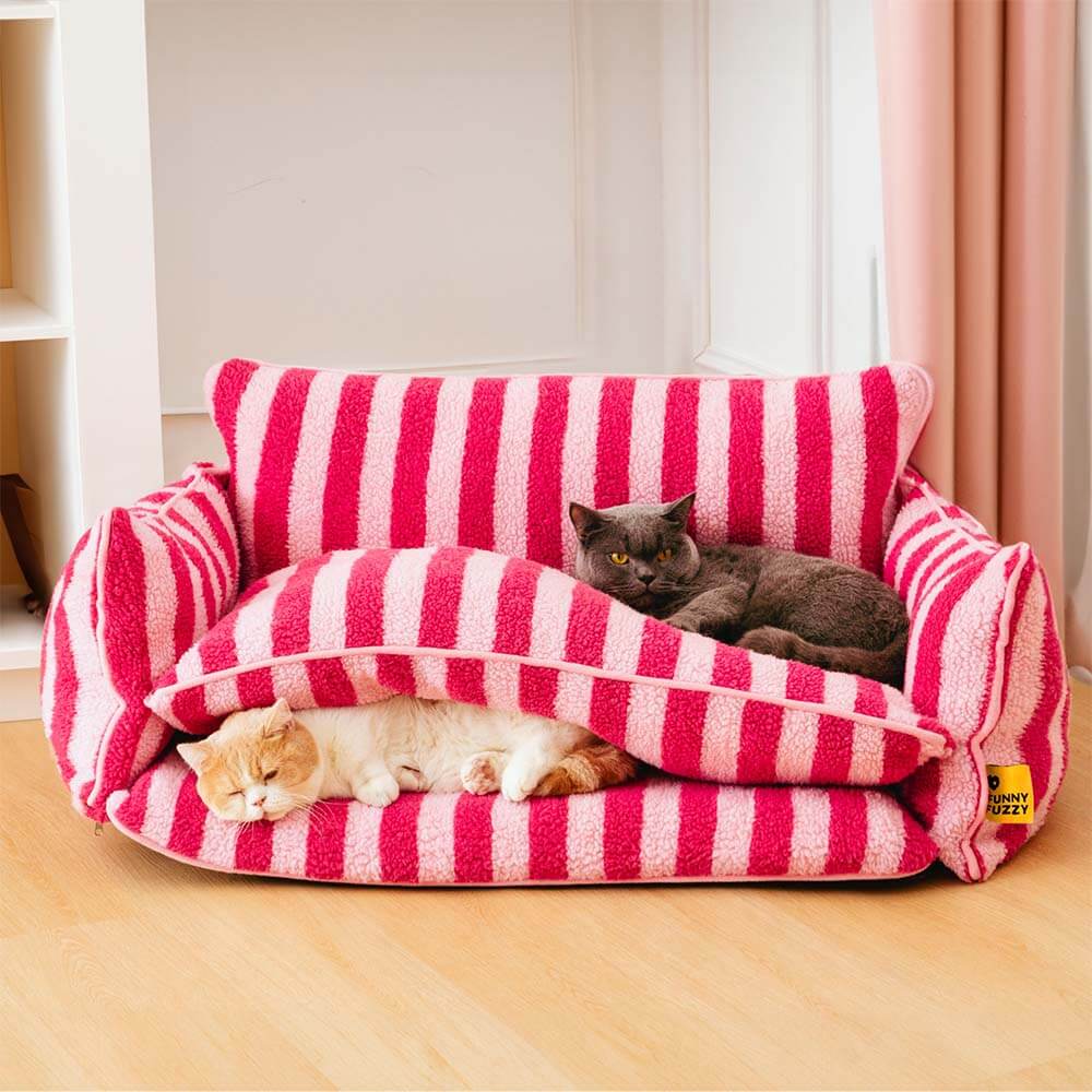 Trendy Gestreiftes Doppellagiges Katzensofa aus Lammwolleimitat