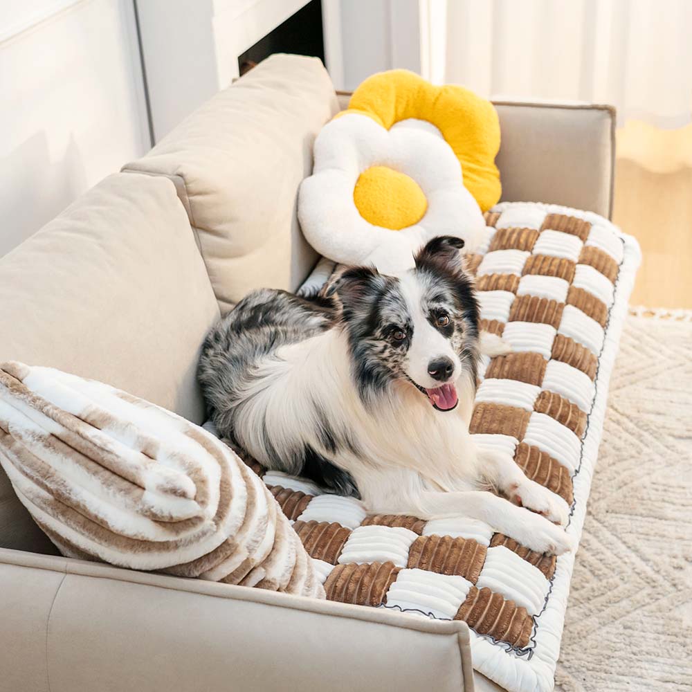 Cremefarbener großer karierten quadratischer fuzzy Haustier Hundematte Bett Ecksofa Couchbezug