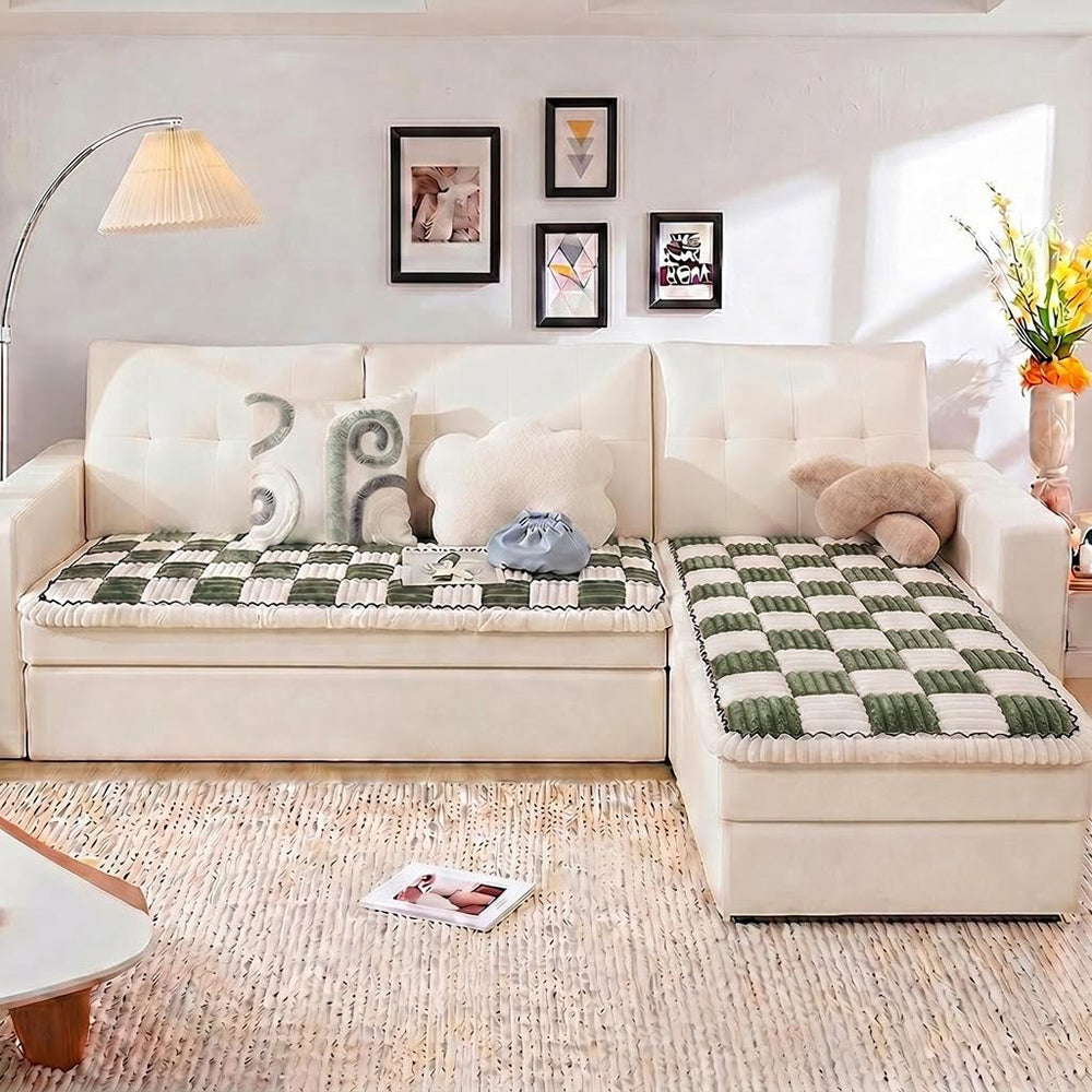Cremefarbener großer karierten quadratischer fuzzy Haustier Hundematte Bett Ecksofa Couchbezug