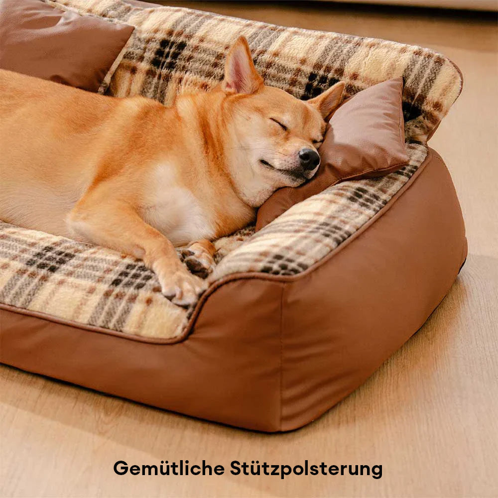 Orthopädisches Hundebett aus weichem Vintage-Karo-Plüsch mit Kissen – CozyLuxe