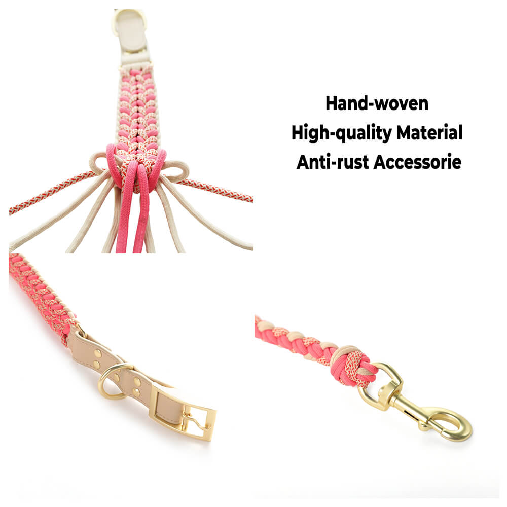 Handgewebtes Leder Mehrzweck Anti-Zieh-Hundehalsband und Leinen-Set