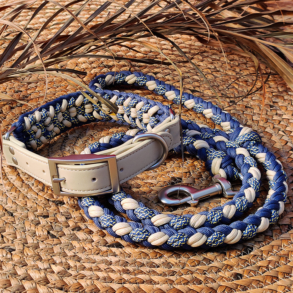 Handgewebtes Leder Mehrzweck Anti-Zieh-Hundehalsband und Leinen-Set