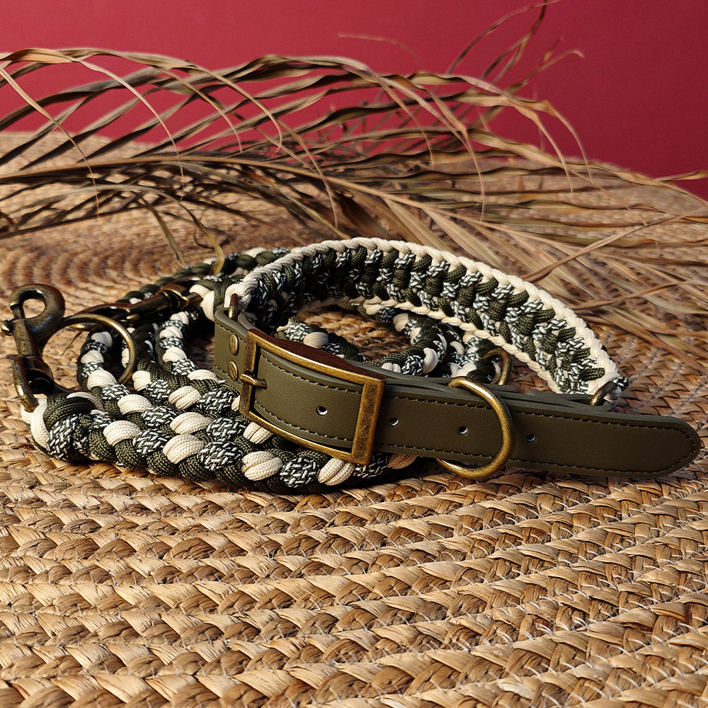 Handgewebtes Leder Mehrzweck Anti-Zieh-Hundehalsband und Leinen-Set