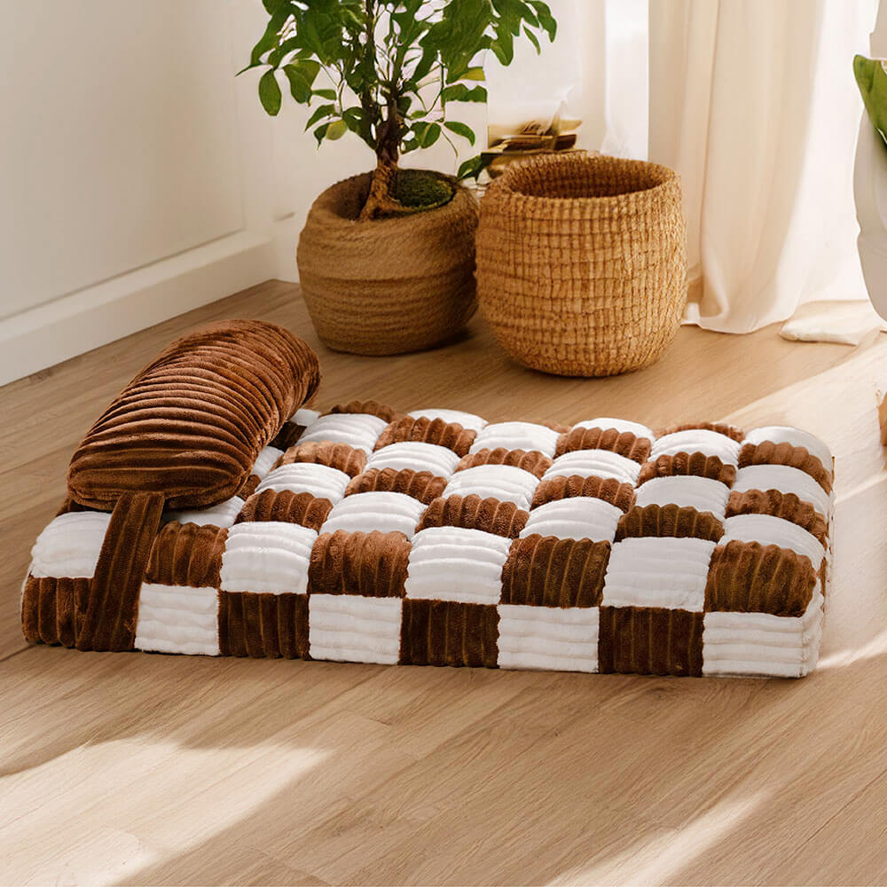 Handgefertigtes Orthopädisches Hundebett mit Kissen aus Plüsch mit Schachbrettmuster