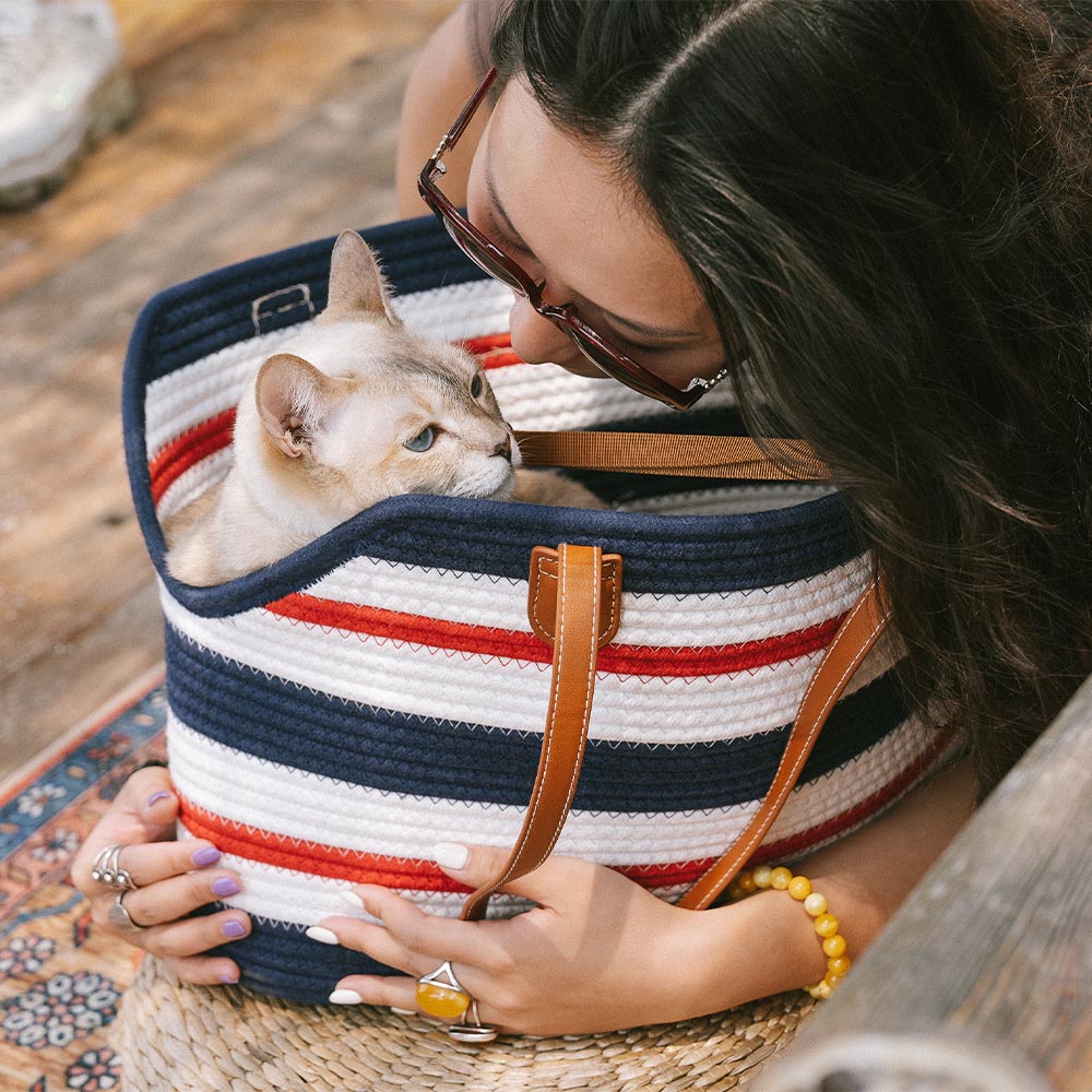 Handgefertigte leichte Baumwollgewebte Strandtasche für Haustiere - Sommerurlaub