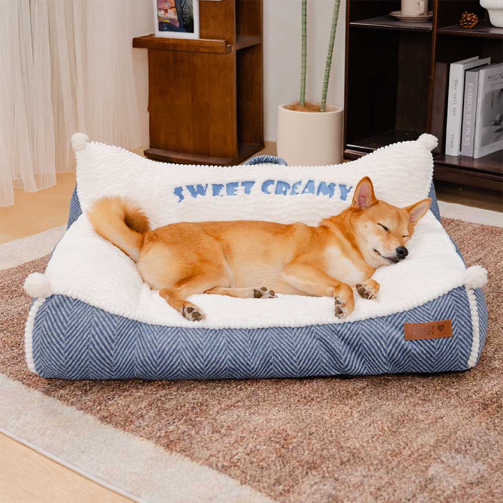 Waschbares Hundesofabett mit Nackenrolle aus Plüsch - Sweet Creamy