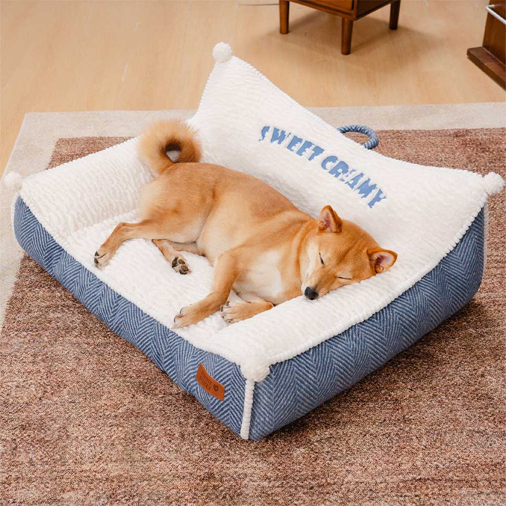 Waschbares Hundesofabett mit Nackenrolle aus Plüsch - Sweet Creamy