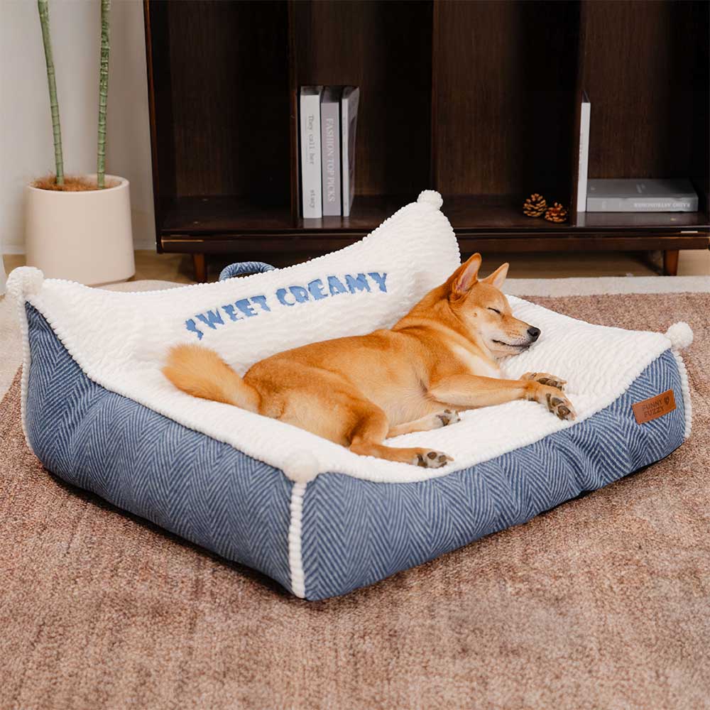 Waschbares Hundesofabett mit Nackenrolle aus Plüsch - Sweet Creamy