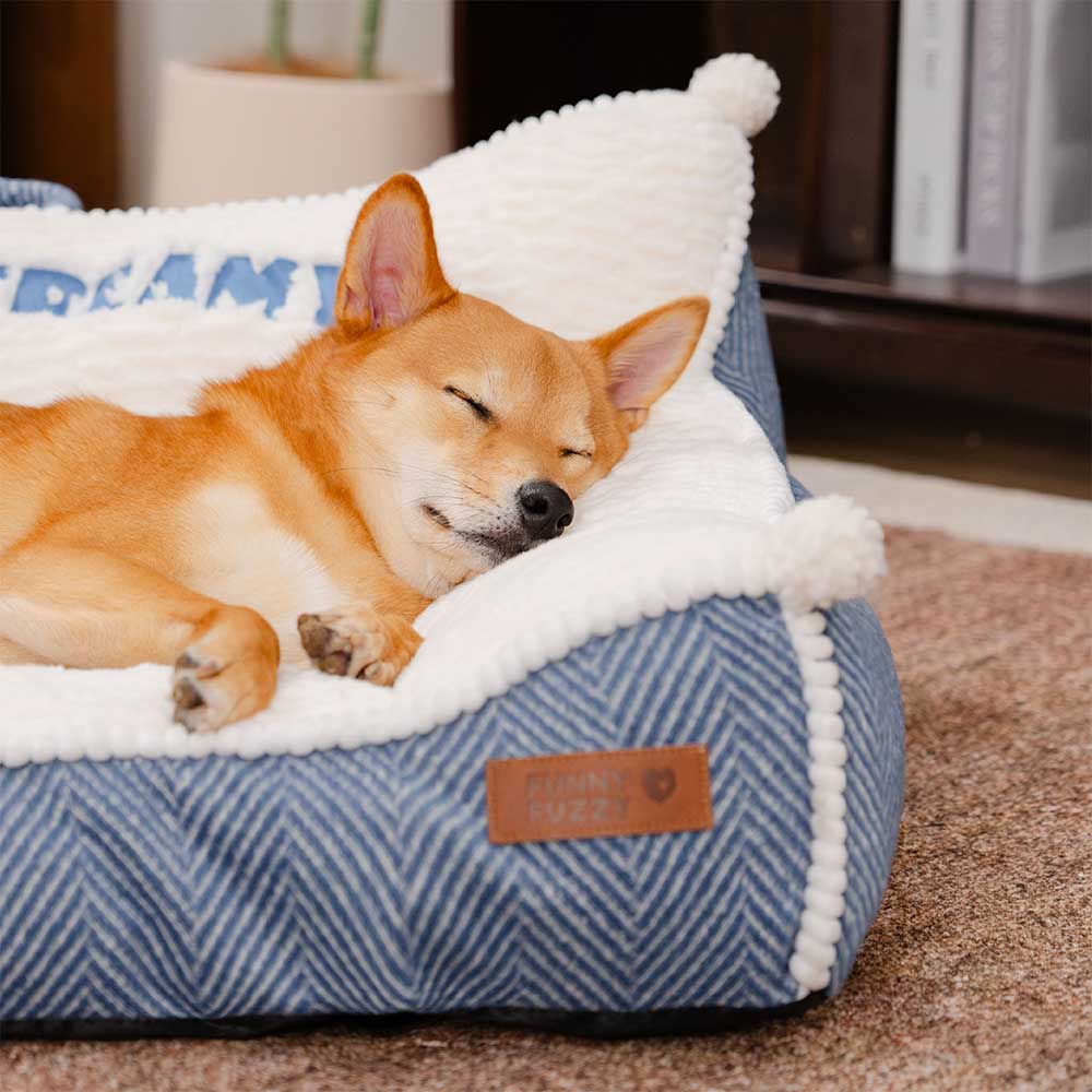 Waschbares Hundesofabett mit Nackenrolle aus Plüsch - Sweet Creamy