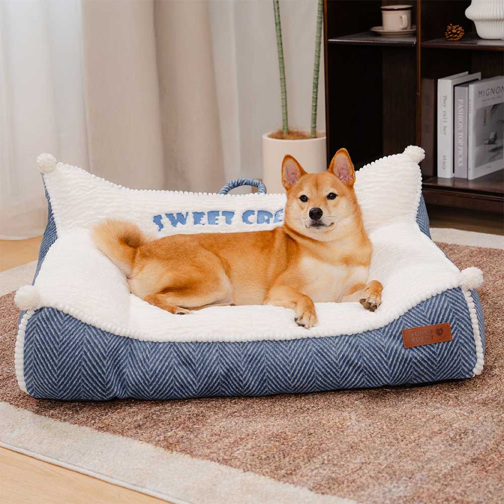 Waschbares Hundesofabett mit Nackenrolle aus Plüsch - Sweet Creamy