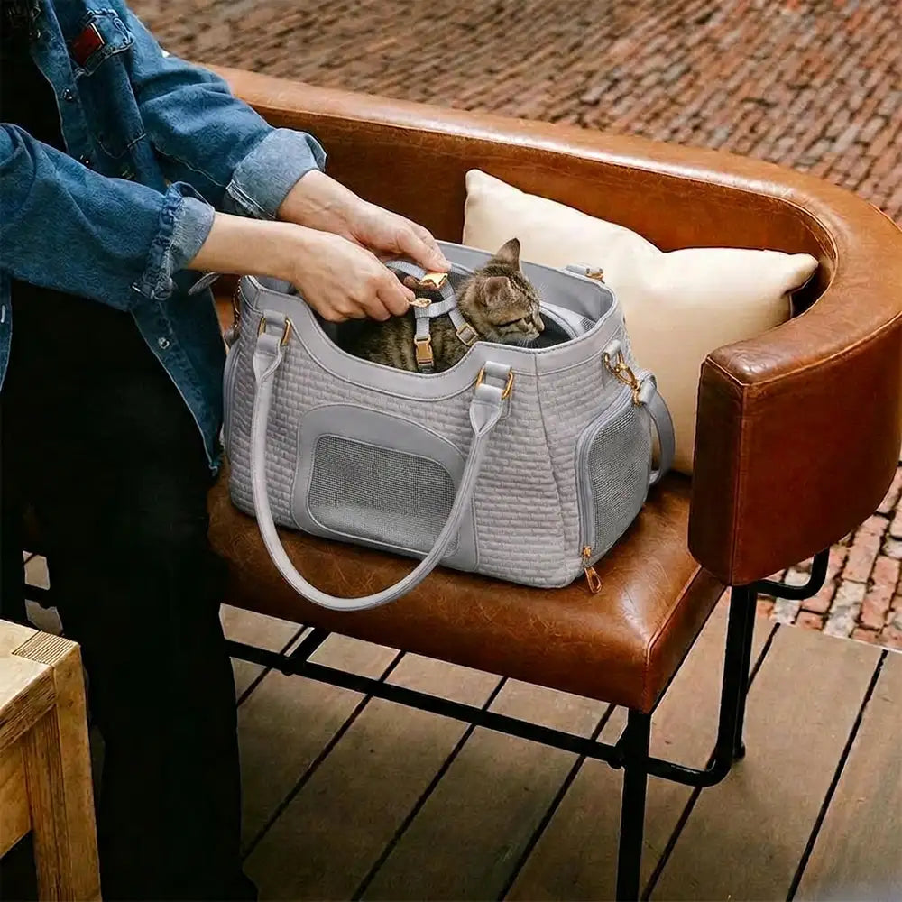 Tragbare atmungsaktive Kunstleder-Tiertragetasche für Hunde und Katzen, geeignet für Reisen und Tierarzt.
