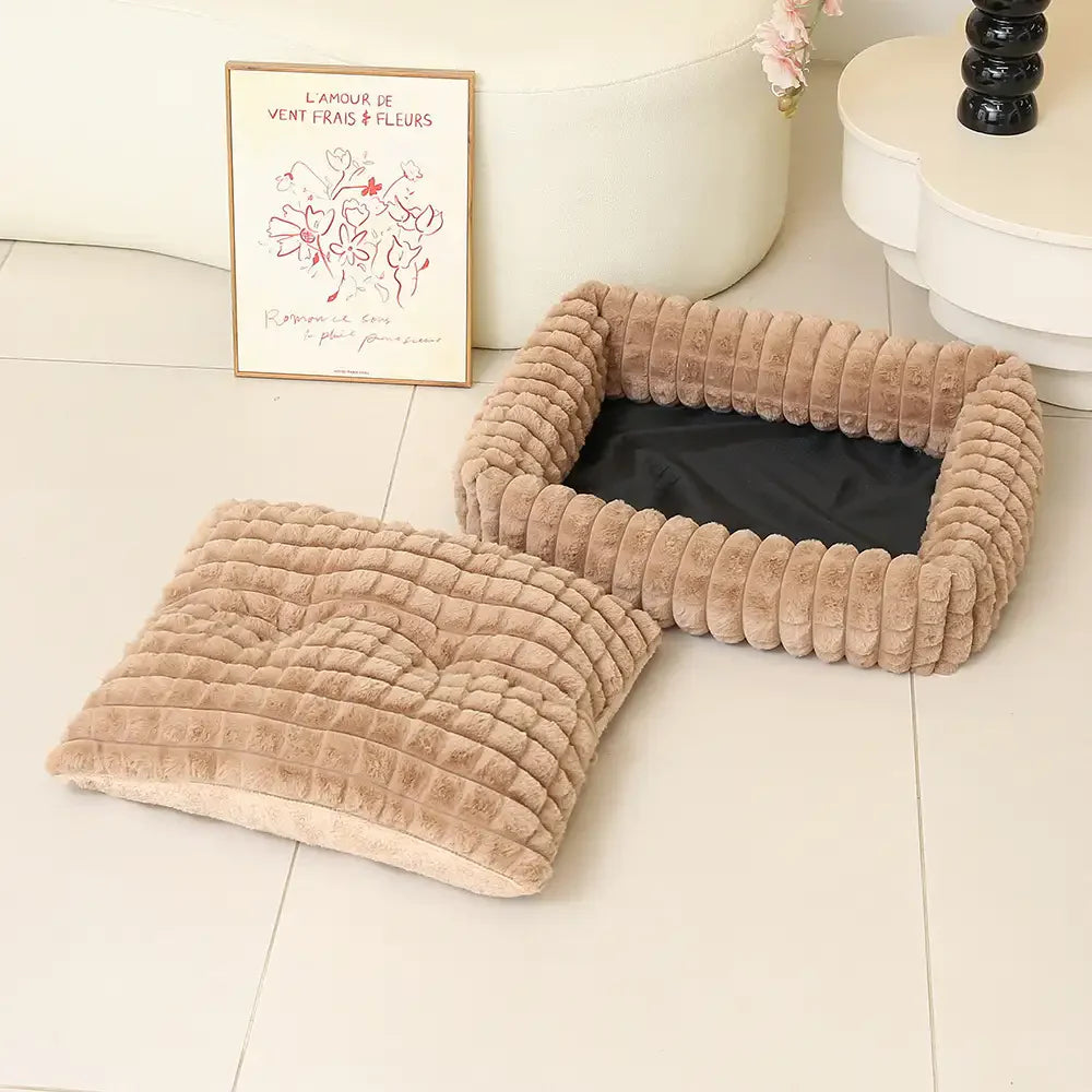 Weiches Kurzplüsch-Hundebett, quadratisch und gestreift, für kleine bis große Hunde
