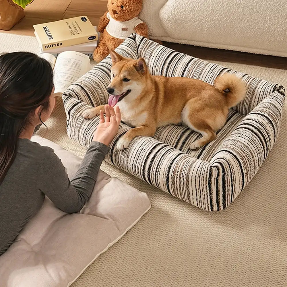 Gestreifte Chenille Kratzfeste Atmungsaktive Nackenstütze Hund Quadratbett
