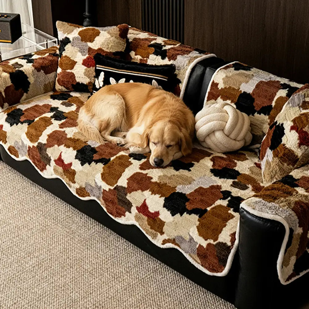 Modischer Sofabezug aus Kunstkaninchenfell mit Farbblock-Design, rutschfest und unregelmäßig geformt