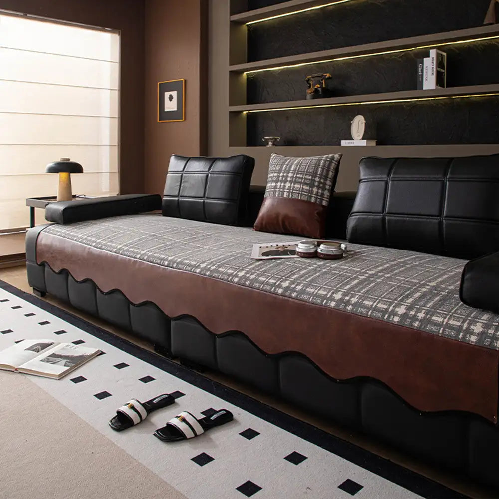 Vintage Chenille-Sofa-Schutz mit Kunstleder-Panels, rutschfeste Couchabdeckung