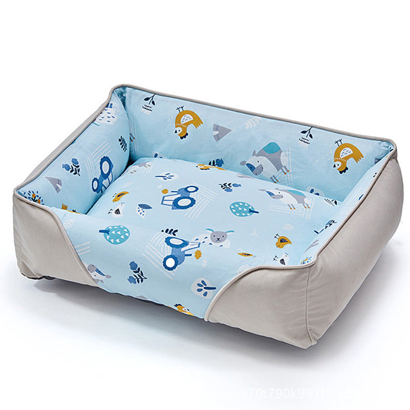 Weiches Hundebett mit Nackenschutz und Cartoon-Muster