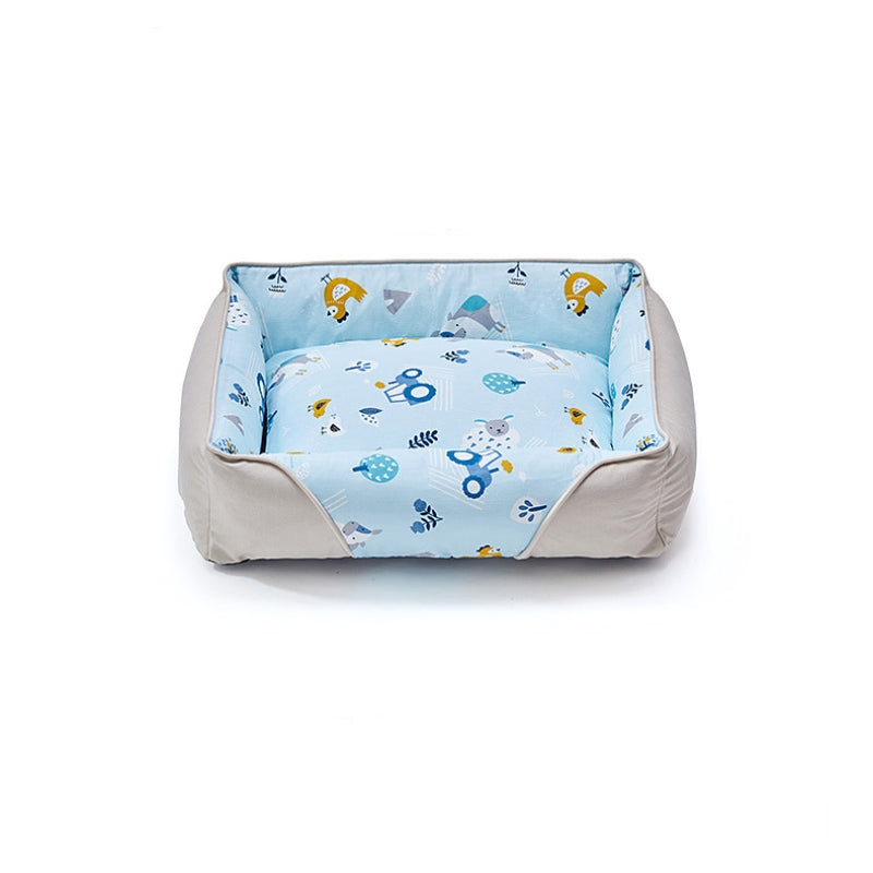 Weiches Hundebett mit Nackenschutz und Cartoon-Muster