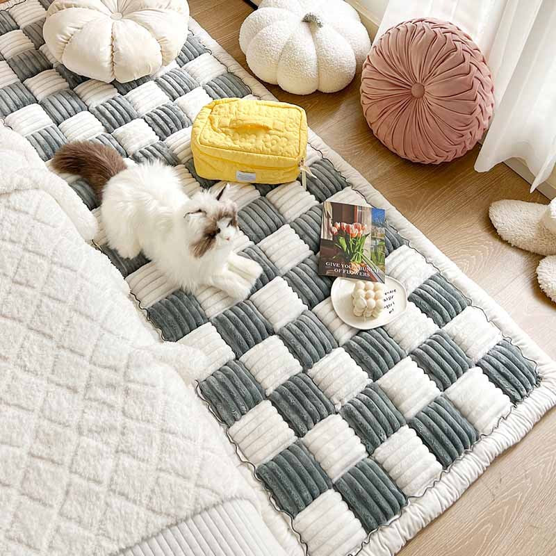 Cremefarbener großer karierten quadratischer fuzzy Haustier Hundematte Bett Ecksofa Couchbezug