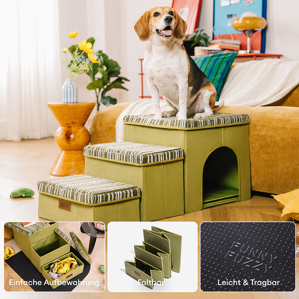 Klappbare Hundetreppe mit Stauraum und Wohnung - Funnyfuzzy SnugNest
