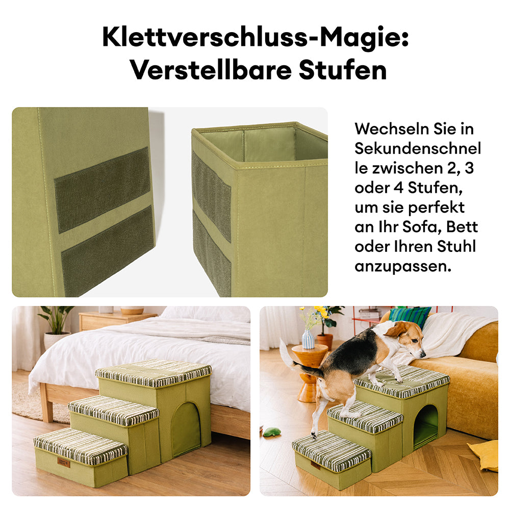 Klappbare Hundetreppe mit Stauraum und Wohnung - Funnyfuzzy SnugNest