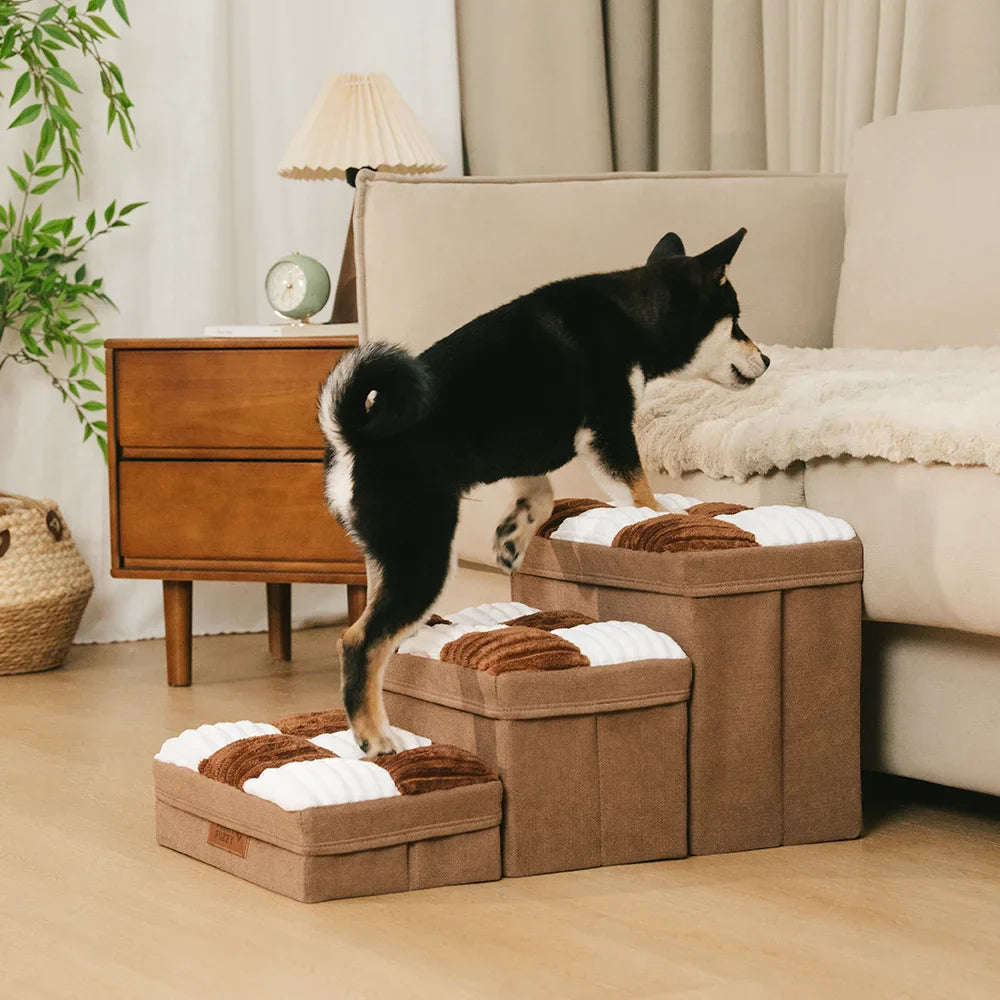 Abnehmbare Schachbrett-Plüsch-Handgefertigte Hundetreppe mit Stauraum - Klappbare Stufen