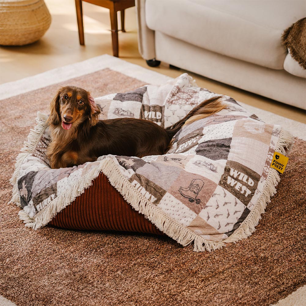 Waschbares Beruhigendes Rundes Hundebett im Boho-Vintage-Stil mit Quasten - Hunter Night