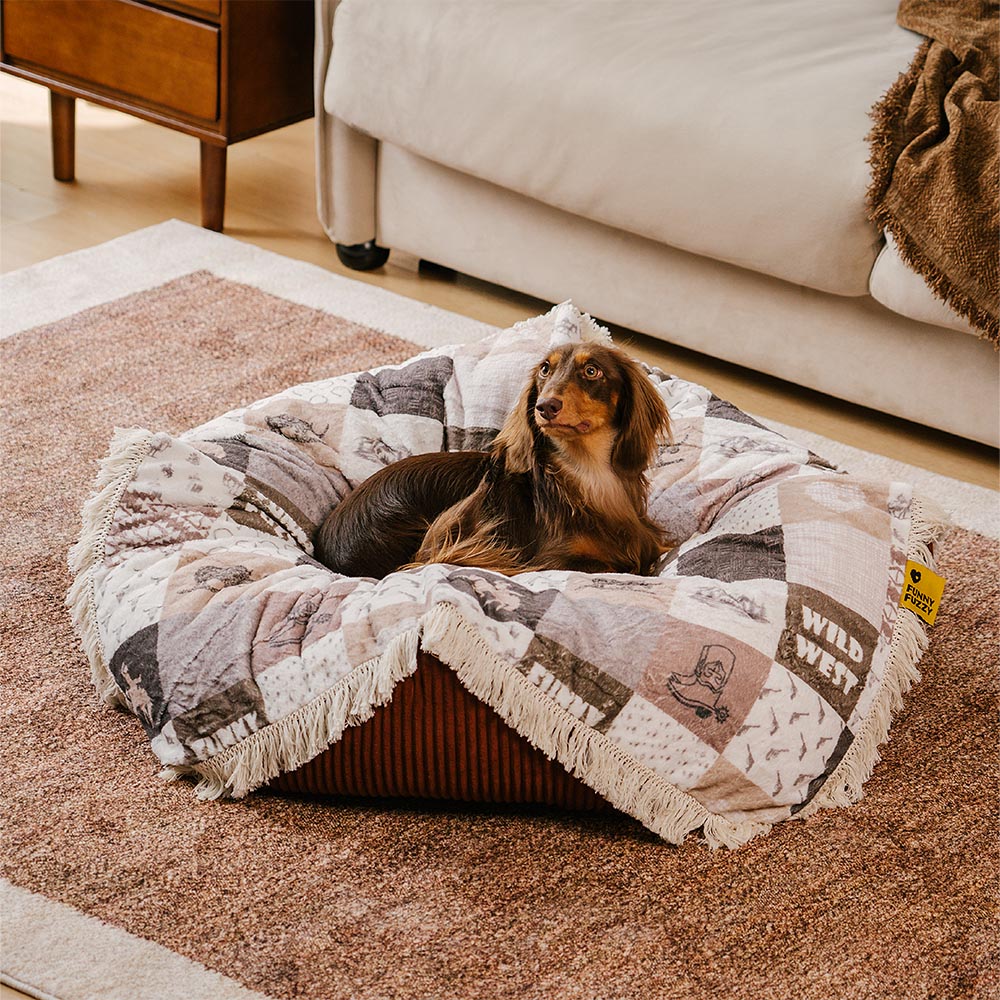 Waschbares Beruhigendes Rundes Hundebett im Boho-Vintage-Stil mit Quasten - Hunter Night