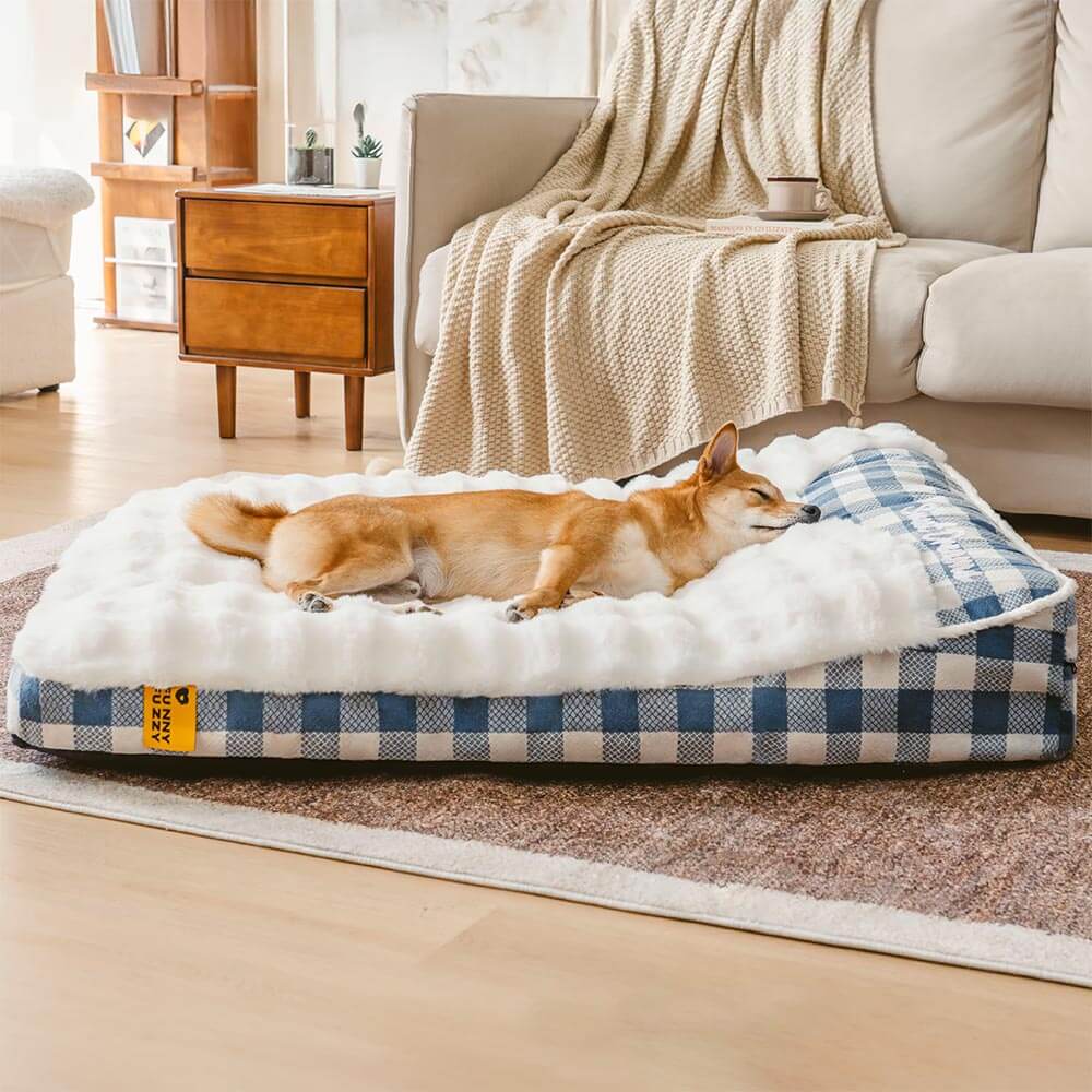 Großes Orthopädisches Hundebett mit Klassischem Karomuster und Kopfstütze Rechteckig - Dreamy Wave