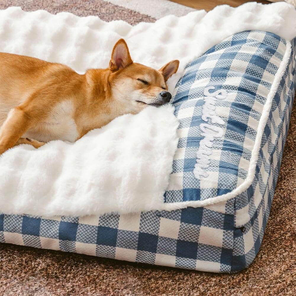 Großes Orthopädisches Hundebett mit Klassischem Karomuster und Kopfstütze Rechteckig - Dreamy Wave