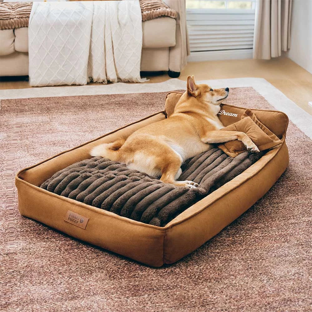 Retro Kunstwildleder Wendbar Waschbarer Hundebett mit Kissen – SweetDream