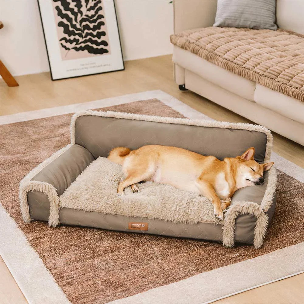 Orthopädisches Hundebett Luxe Kunstleder & Plüsch – Abnehmbarer Schwamm, Warm & Komfortabel
