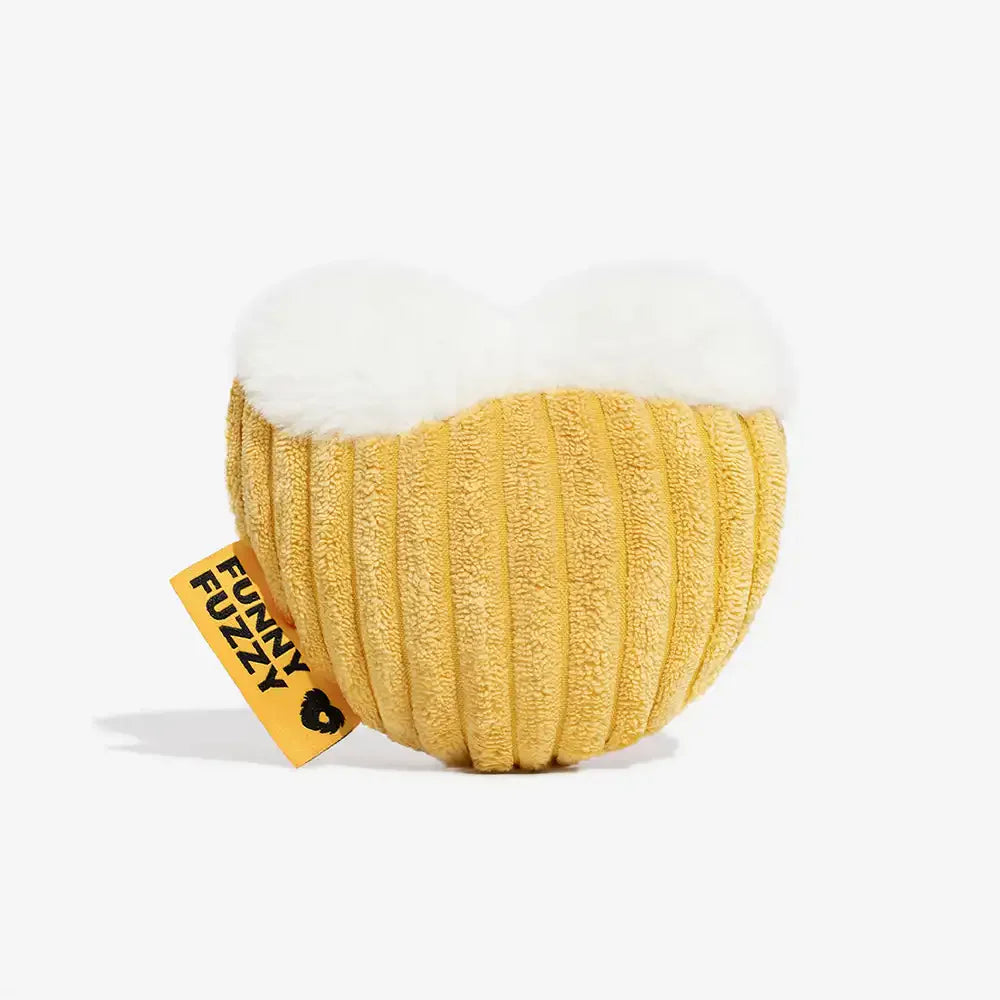 FUNNYFUZZY Silvester Hundespielzeug aus Plüsch mit Quietscher – Biermotiv