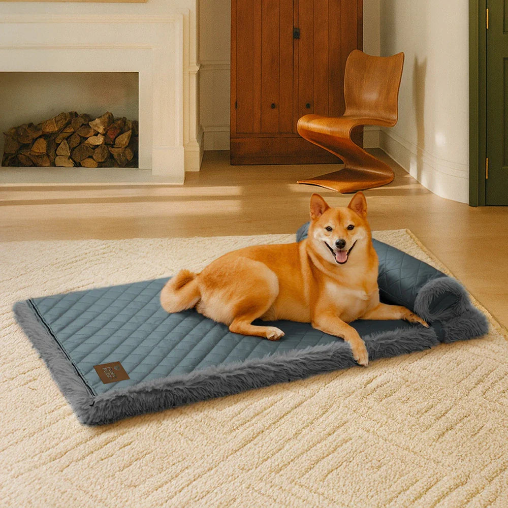 Orthopädische Hundematte, zweiseitig aus Kunstleder und Plüsch, mit herausnehmbarem Schaumstoff und Kissen