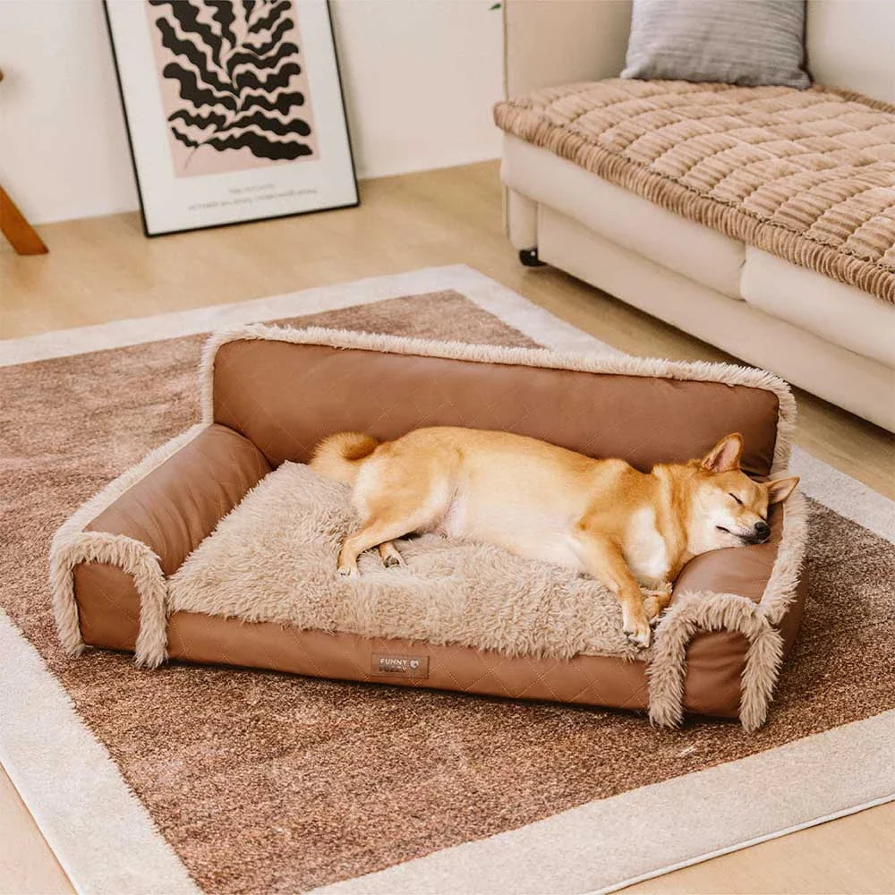 Orthopädisches Hundebett Luxe Kunstleder & Plüsch – Abnehmbarer Schwamm, Warm & Komfortabel