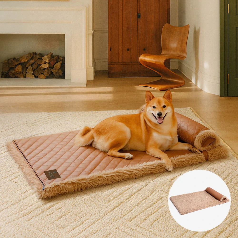 Orthopädische Hundematte, zweiseitig aus Kunstleder und Plüsch, mit herausnehmbarem Schaumstoff und Kissen