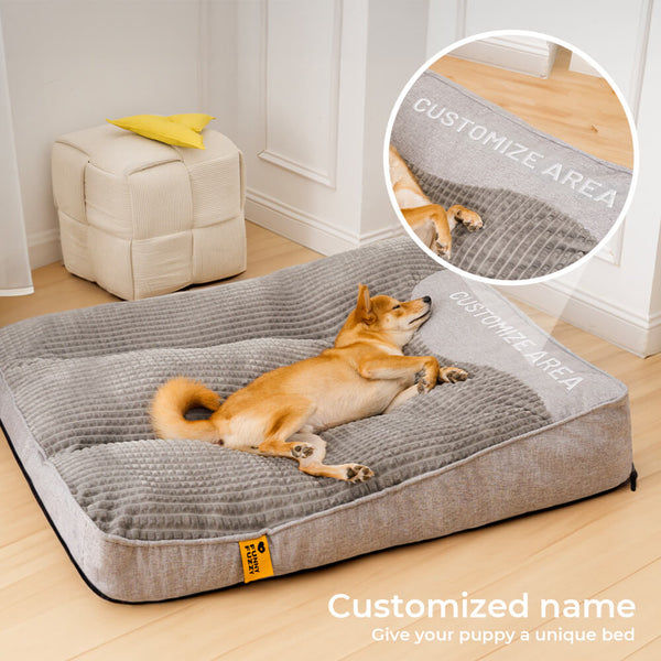 Personalisierbares, großes und dickes Hundebett mit kratzfester Rückenpolsterung